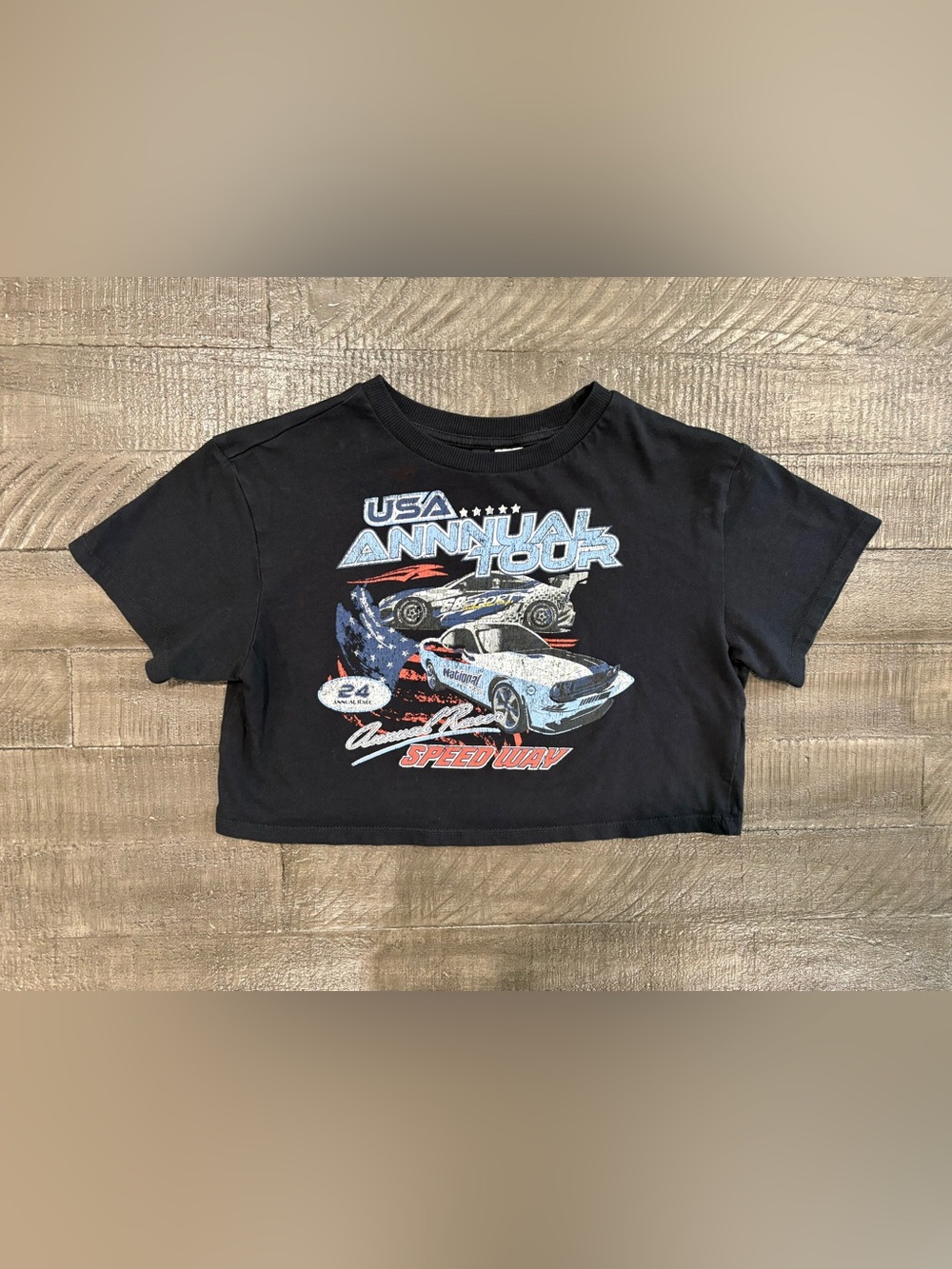 H&M Divided Black Crop Graphic Tee with Racing Cars Size XS